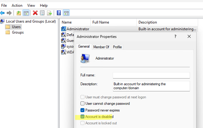 disable administrator account